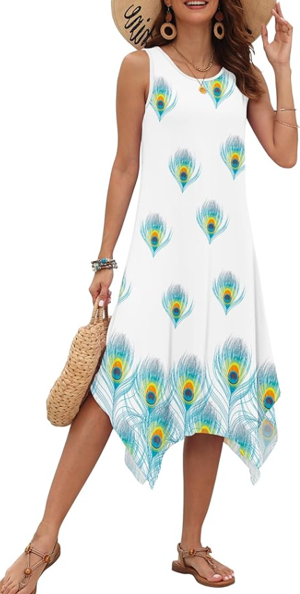 Women's Summer Dresses 2026 Casual Sleeveless Sundress Asymmetrical Hem Midi Tank Beach Dress with Pockets